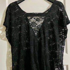 Black lace, short-sleeved, open back sheer blouse